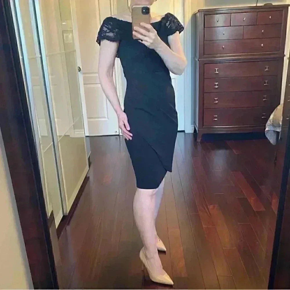 Le Chateau Black Cocktail Dress Off Shoulder Bardot Lace Bodice Formal LBD XS - Picture 14 of 16